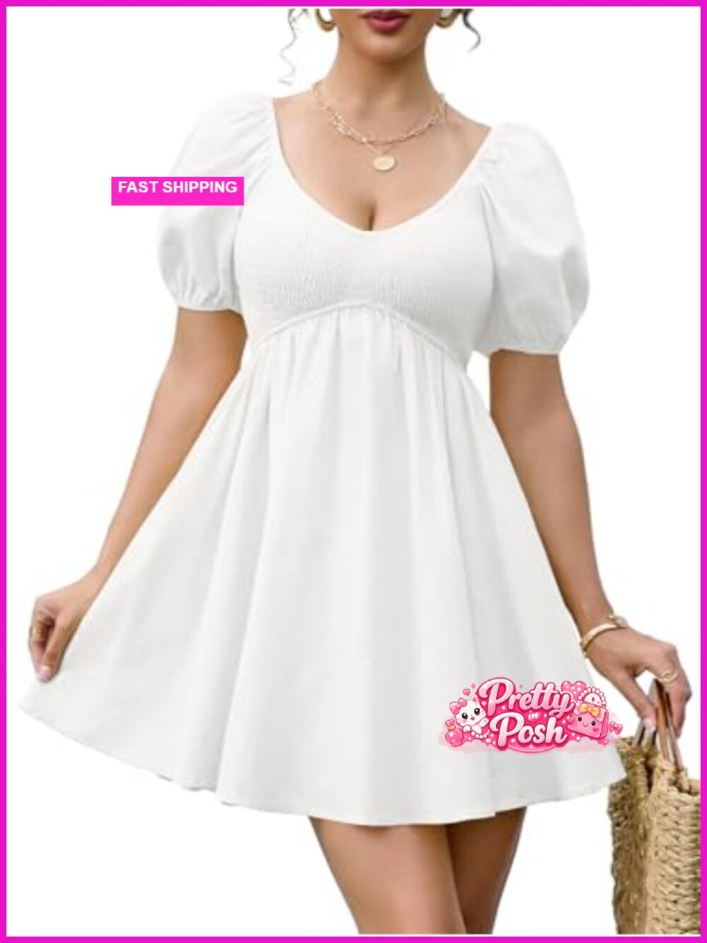 Women's Babydoll Dress - V Neck Puff Sleeve Empire Waist Swing Mini Sundress - Picture 1 of 6
